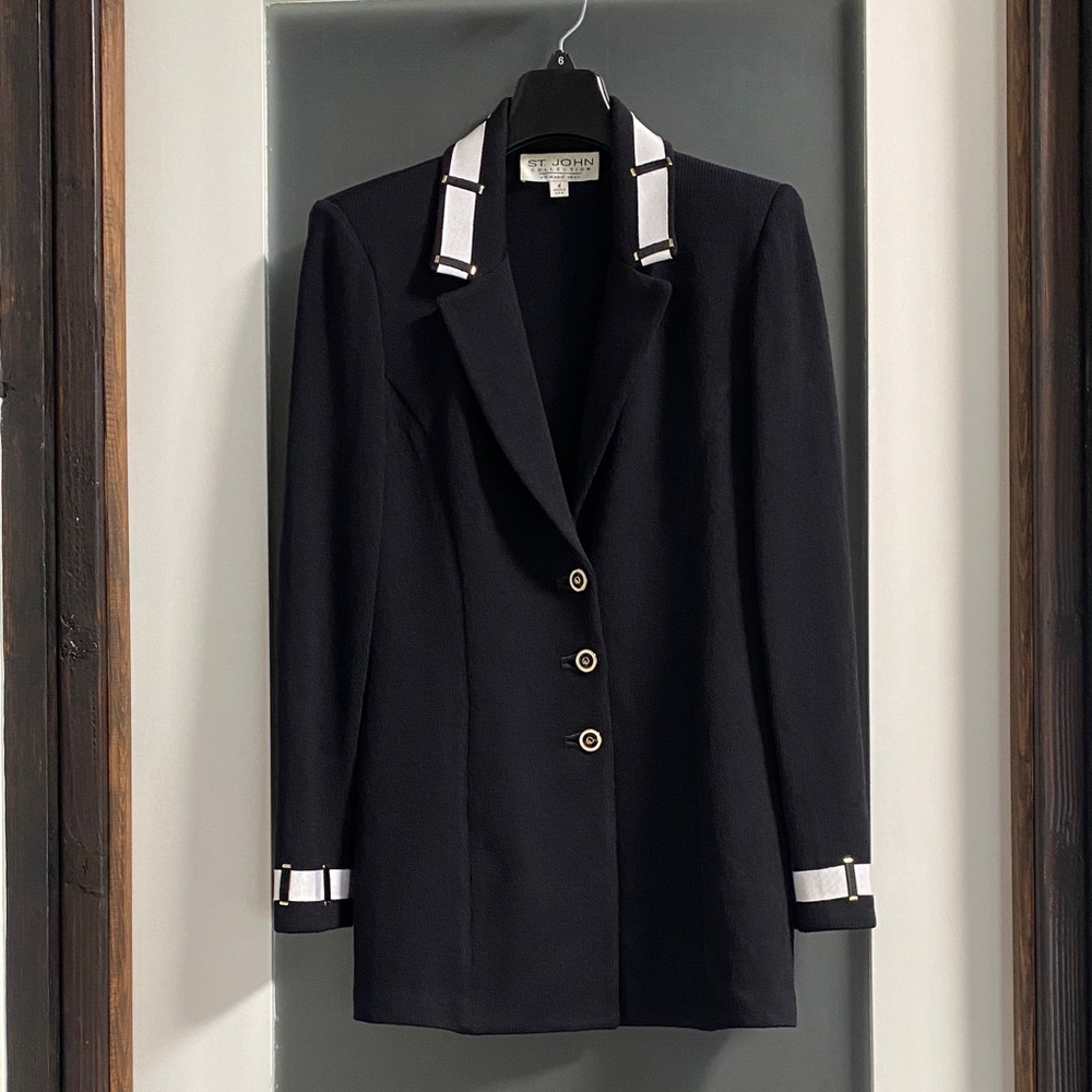 St. John Elegant Black Blazer with White Trim